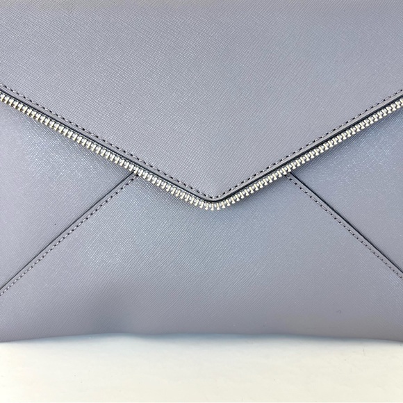 REBECCA MINKOFF Leo Gray Safiano Structure Leather Zipper Accent Envelope Clutch - Picture 4 of 16
